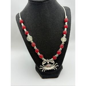 Handmade Red & White Statement Necklace, NEW, 26", Artisan, Crab